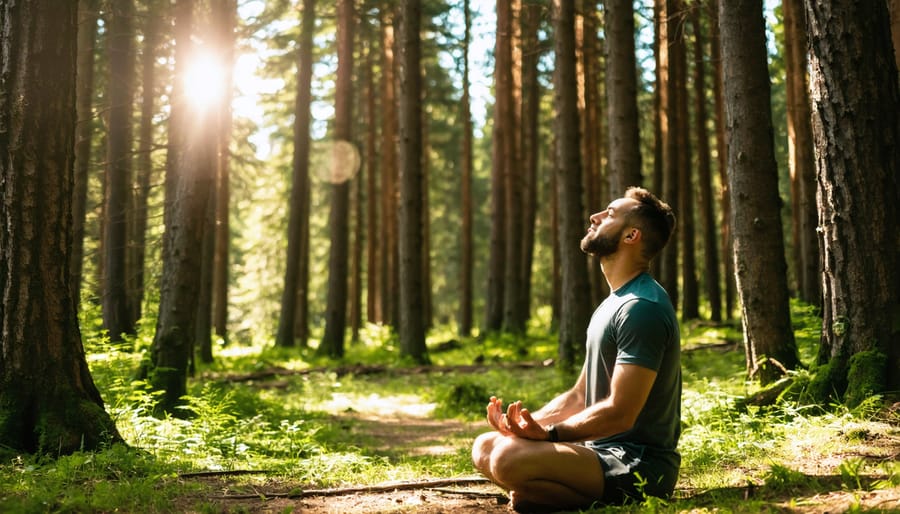 Individual sitting cross-legged on a yoga mat in a peaceful forest clearing practicing breathing exercises
