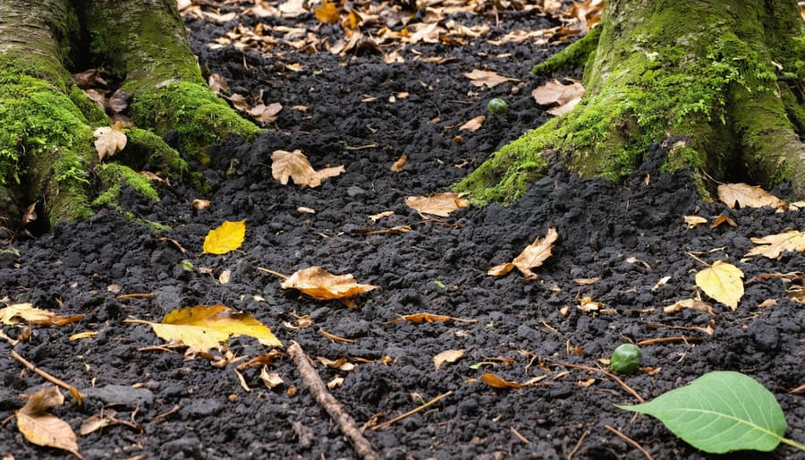 Cross-section view of forest soil layers with visible organic matter and root systems