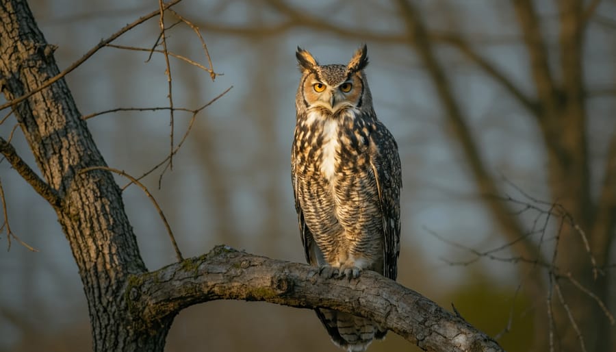 A majestic Great Horned Owl with distinctive ear tufts, perched alertly on a branch against a dusky sky