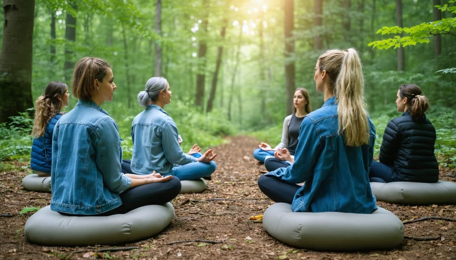 Small group participating in an outdoor breathing workshop with an instructor in a natural setting