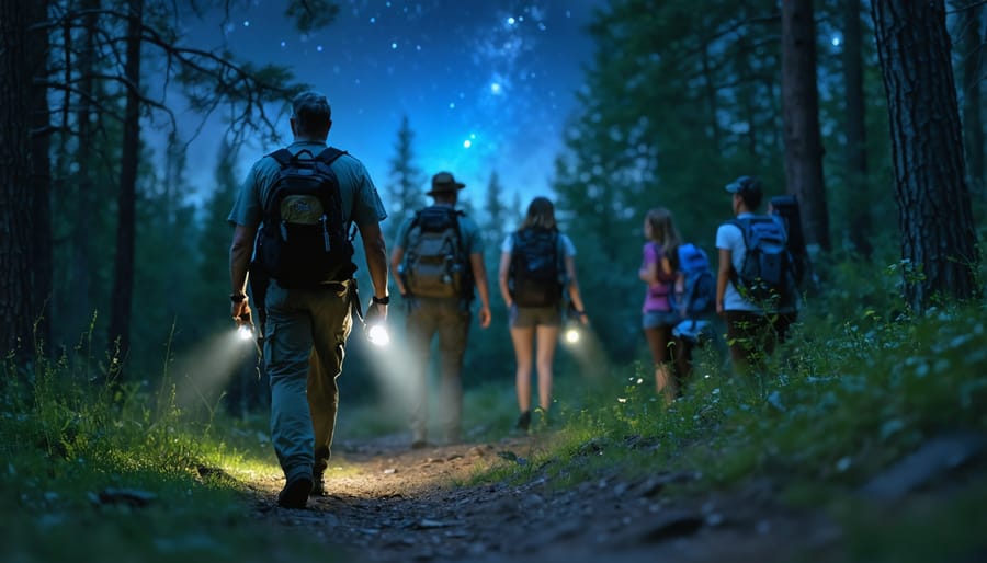 Group of hikers following a park ranger on a guided night trail walk