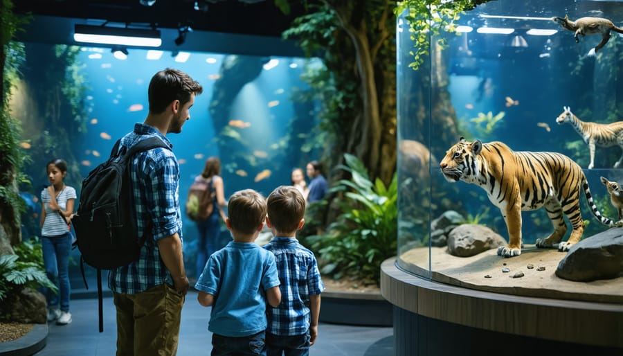 Zoo guide showing a family of visitors nighttime animal activities using red-filtered flashlights