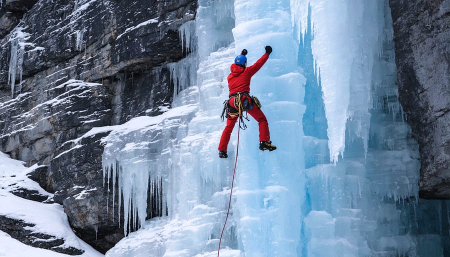 Climber in full safety gear ascending a dramatic blue ice formation against a winter landscape
