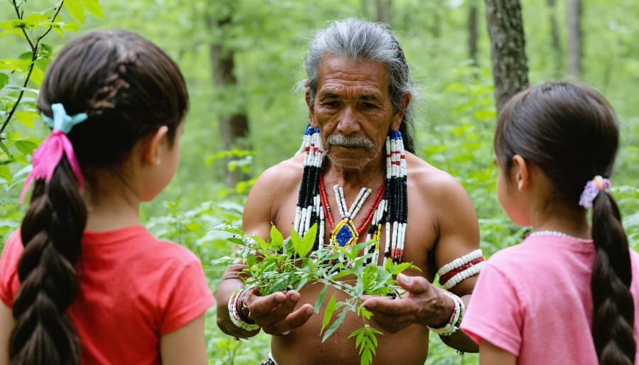 Elder sharing traditional ecological knowledge with youth in natural park setting