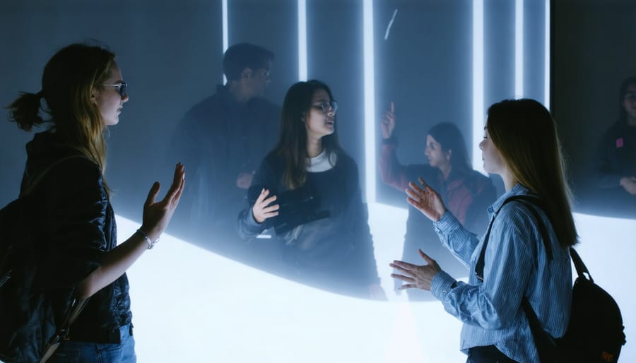 Family enjoying an interactive light display that responds to movement and touch