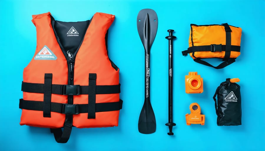 Essential kayaking safety equipment laid out for inspection, featuring life jacket, whistle, and other required gear