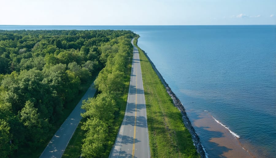 Scenic aerial photograph showing the paved trail winding along Lake Ontario's shoreline