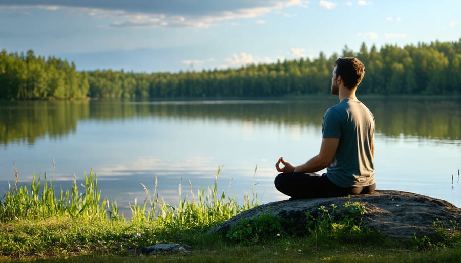 Individual sitting in meditation pose on a rock beside a calm Ontario lake at sunset