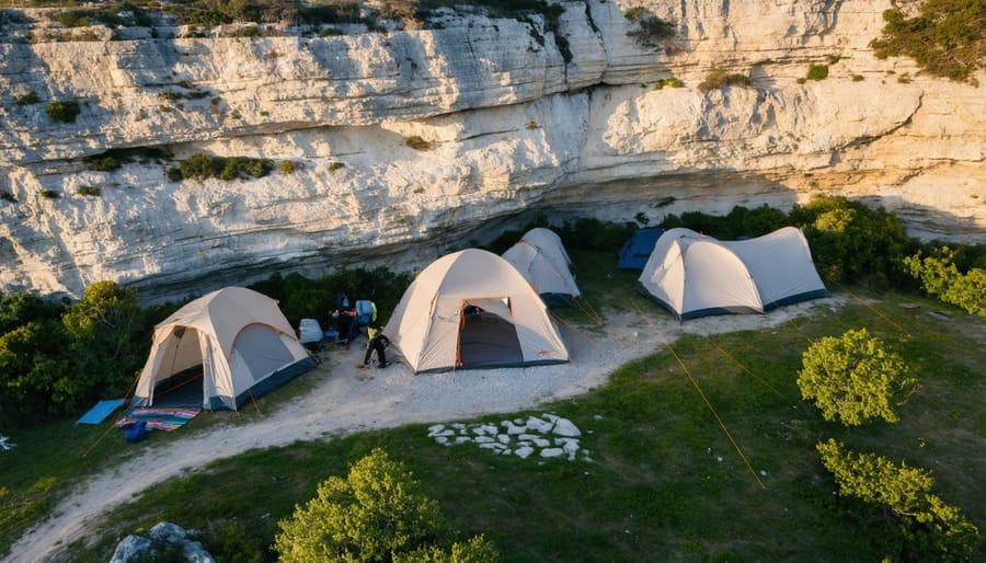 Camping area with scattered tents nestled beneath the limestone cliffs of Lion's Head