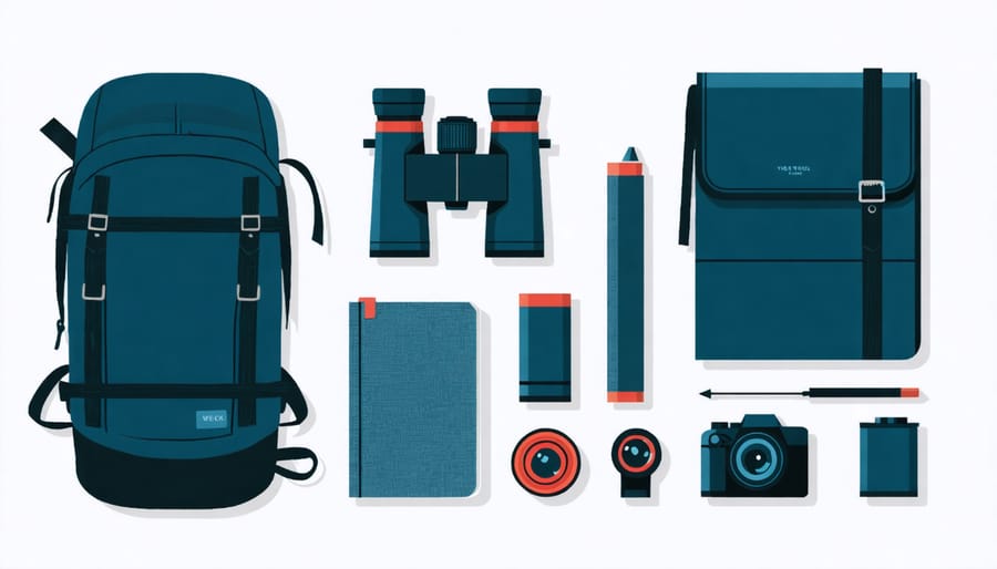 Flat lay arrangement of essential night birding equipment and gear on wooden surface