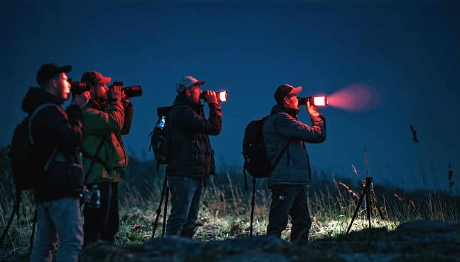 Small group of people participating in a nighttime owl prowl, using specialized equipment in a forest setting