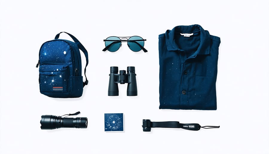 Essential equipment and gear laid out for a nighttime park visit