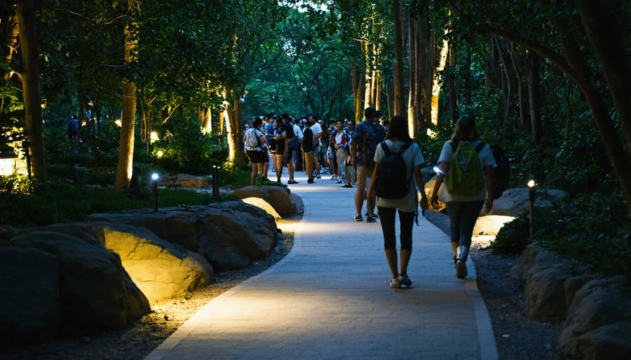 Families walking along softly lit zoo paths during an evening event, carrying flashlights