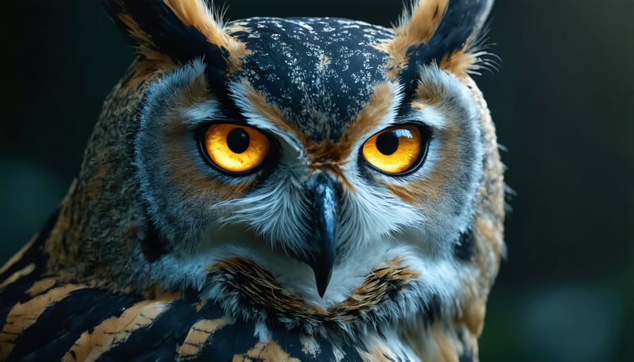 Majestic owl with illuminated eyes perched on a branch during a nighttime exhibit
