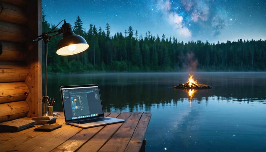 A remote work setup on a rustic cabin porch overlooking a pristine lake and forest in an Ontario campground, highlighting the integration of work and nature.