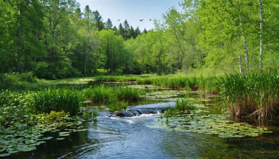 A picturesque view of an Ontario park featuring a diverse ecosystem with a forest canopy, wetland with cattails, and a clear stream. Various wildlife, including birds and small mammals, are seen interacting in this harmonious natural setting.