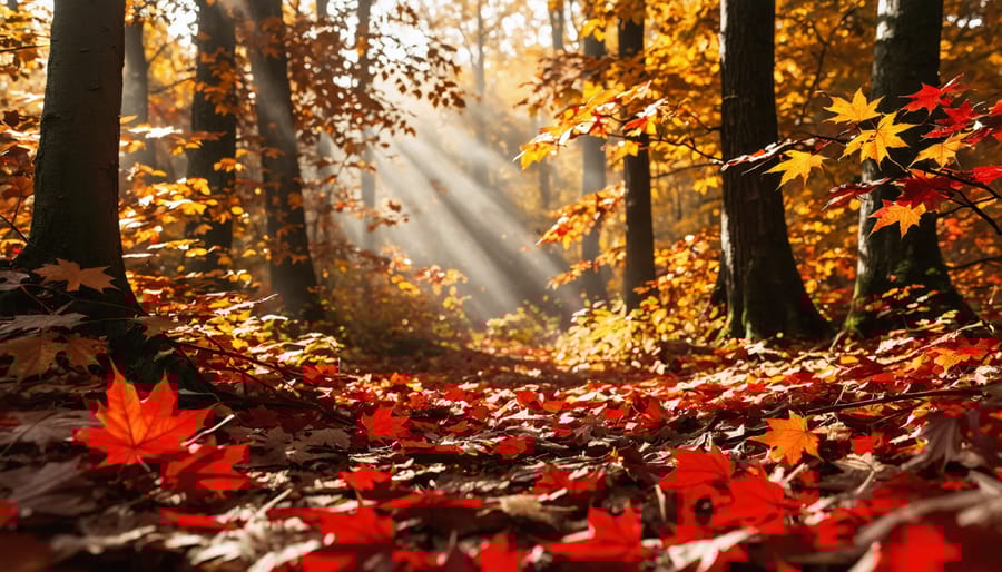 Fall colors in an Ontario forest with maple trees displaying peak autumn foliage