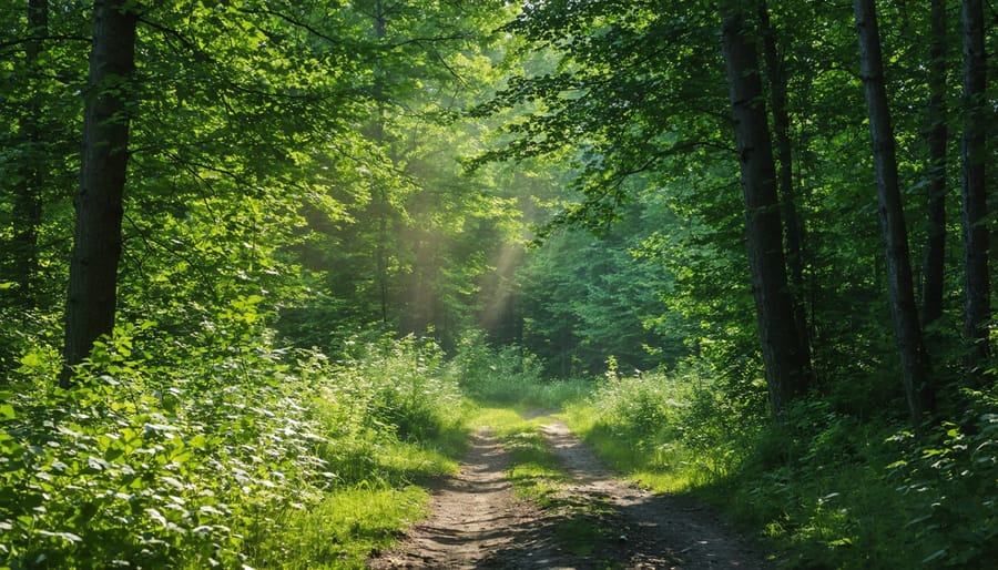 Serene walking path through a sunlit Ontario forest with tall trees creating natural archway