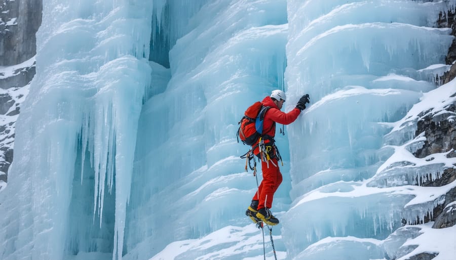 Ice climber ascending a frozen waterfall with proper safety gear and equipment