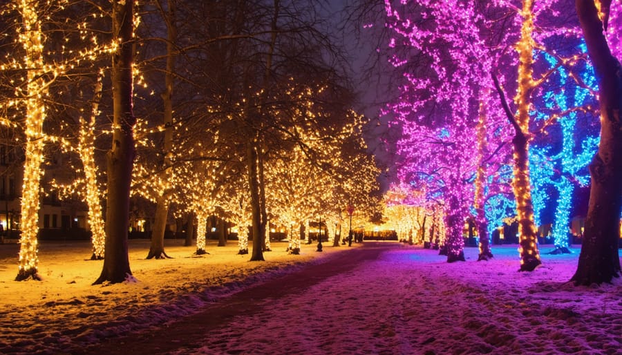Enchanting display of LED-lit trees and artistic light sculptures in an Ontario park at night