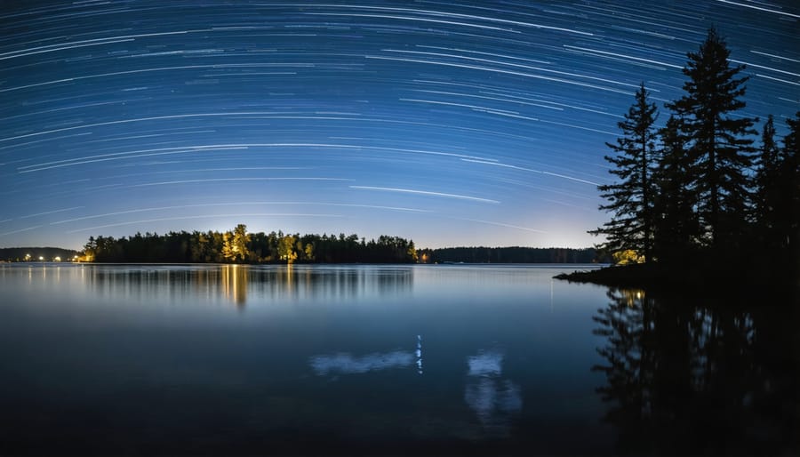 Star trails reflecting in a calm lake at night in an Ontario provincial park