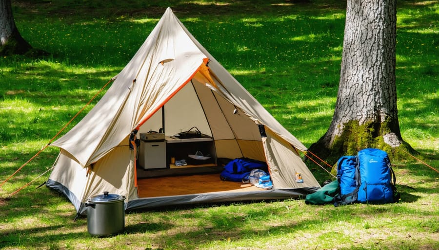 Properly set up Ontario Parks campsite with tent on level ground, organized cooking area, and neatly stored equipment