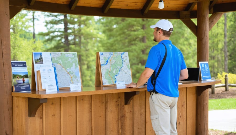 Park staff member helping visitors at Ontario Parks reservation desk