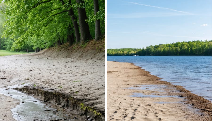 Before and after comparison of shoreline erosion at an Ontario provincial park, showing significant coastal changes over time