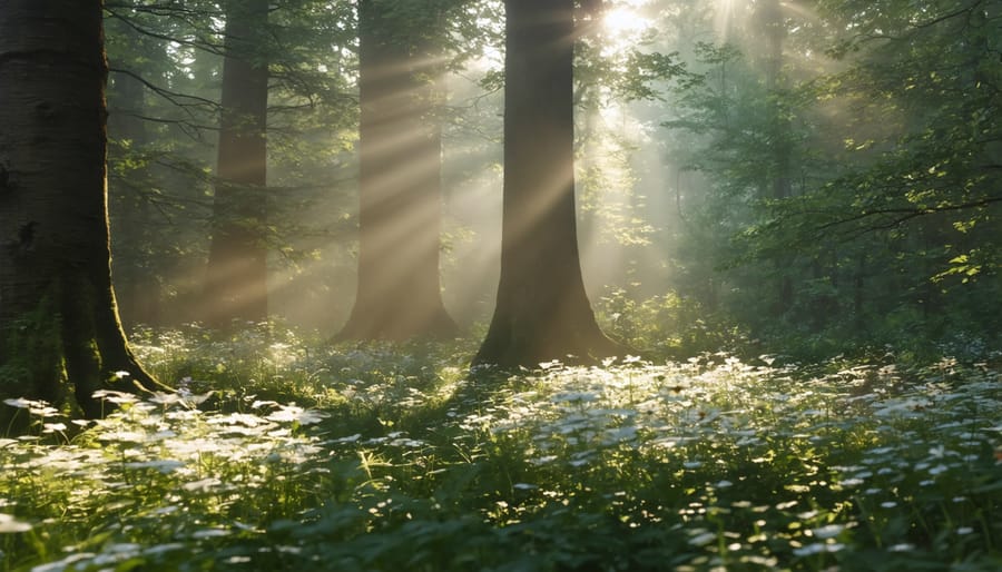 Morning sunlight streaming through foggy forest with trilliums blooming on the forest floor