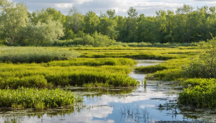 Natural wetland with cattails and water plants demonstrating water purification