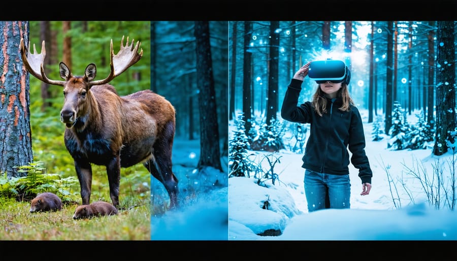 Split-image displaying real Ontario wildlife on one side and a person using a VR headset to experience the virtual representation of the same environment.