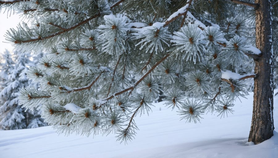 Winter forest scene showing snow-laden evergreen branches with delicate ice formations