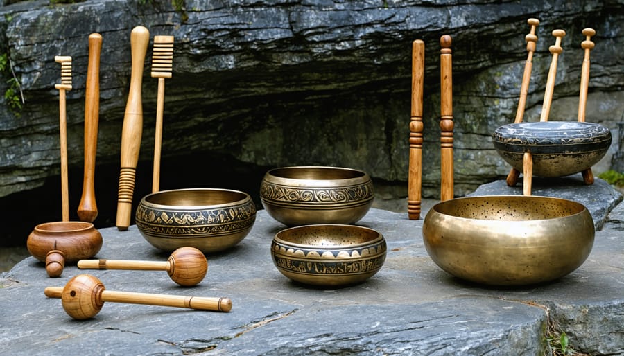 Collection of sound healing instruments arranged outdoors on rocks