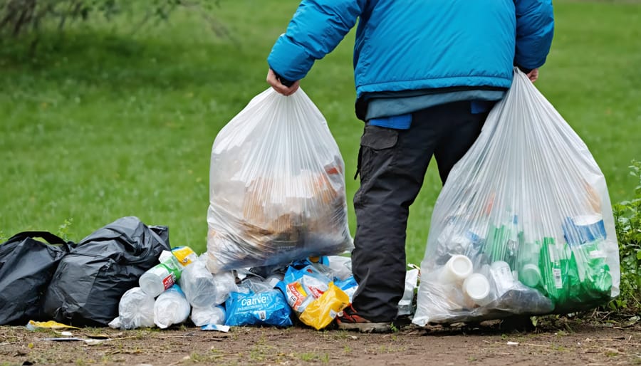 Hiker demonstrating proper waste management by collecting and sorting camping trash
