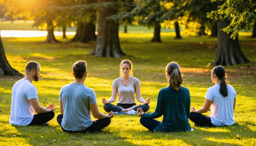 Group sound healing meditation session in natural park setting at sunset