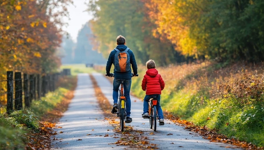 Family of four bicycling on the paved parkway trail surrounded by colorful fall trees