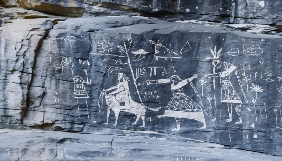 Sacred Indigenous rock carvings showing traditional symbols and figures at Teaching Rocks