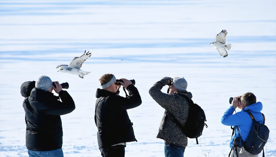 Wildlife enthusiasts using binoculars to spot winter birds against a snowy landscape at Presqu'ile Provincial Park