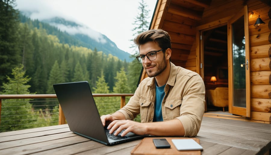 Remote worker using laptop on cabin porch overlooking Ontario park landscape