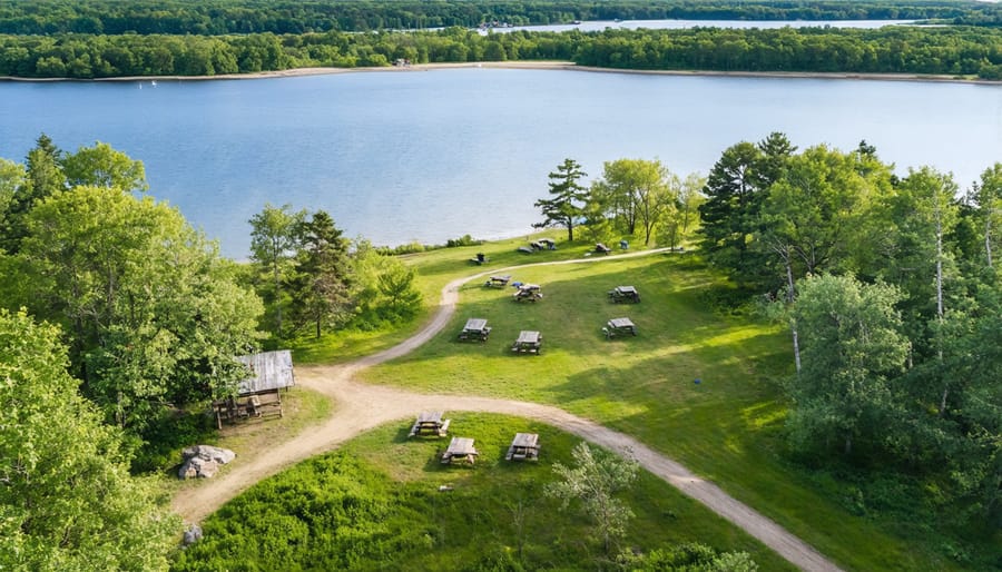Scenic overhead view of park trails and picnic facilities surrounding outdoor concert space