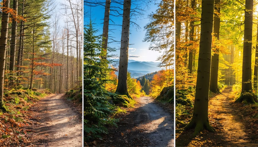 Four-season split image showing 7 Oaks Trail in spring, summer, fall, and winter