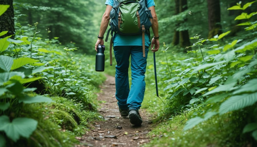 Illustration of a hiker on a park trail utilizing sustainable practices, carrying reusable containers and a cleanup bag, emphasizing Leave No Trace principles amidst a lush forest setting.