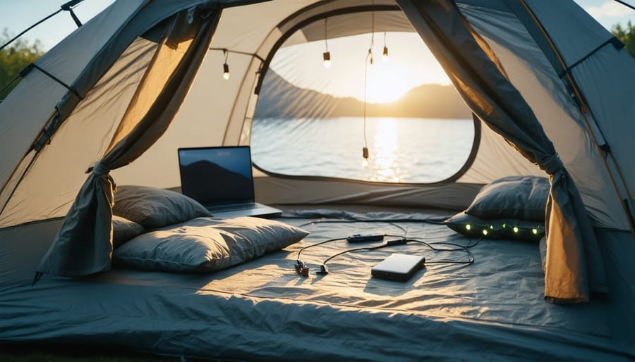 High-tech tent interior with built-in power solutions and gear organization