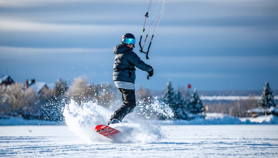 Snowkiter silhouetted against bright winter sky, performing aerial maneuver with colorful kite