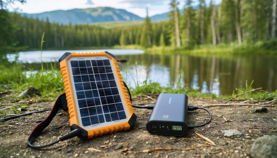 Portable solar charging station powering camping devices at a forested campsite