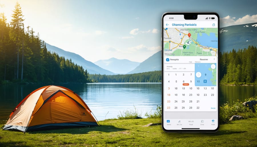 Conceptual illustration of an Ontario park campsite with a calendar and smartphone showing reservations, symbolizing strategic park planning.