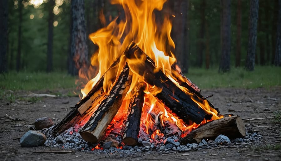 Safe and sustainable campfire setup showing proper rock arrangement and clearance