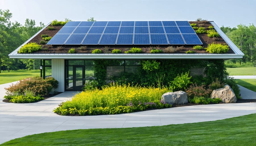 Eco-friendly visitor center featuring solar panels, green roof, and sustainable design elements