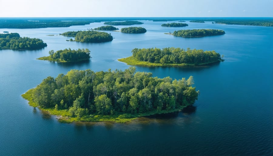 Bird's eye view of the scattered islands and connecting waterways in Thousand Islands National Park