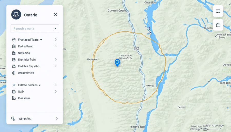Interactive map highlighting drivable camping destinations within 2 hours of a central point